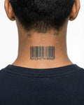 INKON Barcode semi-permanent tattoo applied on a man – 2 x 2 in (5x5cm) design, realistic ink look, lasts 10 days