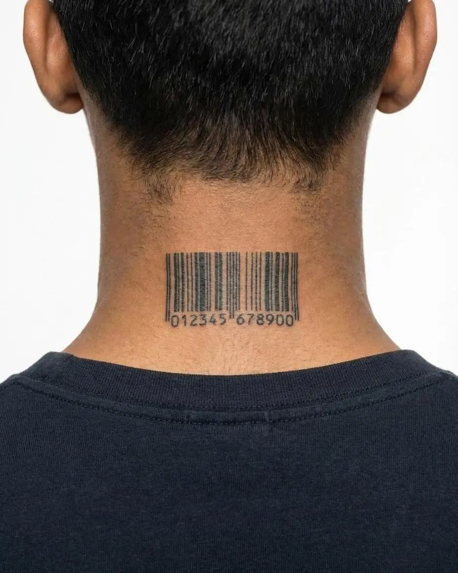 INKON Barcode semi-permanent tattoo applied on a man – 2 x 2 in (5x5cm) design, realistic ink look, lasts 10 days