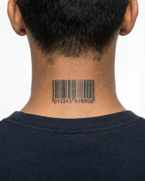 INKON Barcode semi-permanent tattoo applied on a man – 2 x 2 in (5x5cm) design, realistic ink look, lasts 10 days