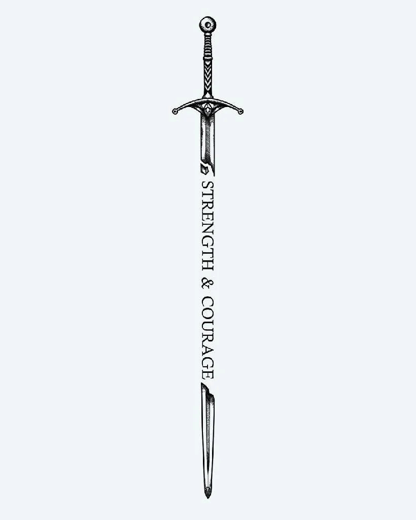 Broken Sword, Enduring Will semi-permanent tattoo design by INKON – illustrative, blackwork, details, fragmented, sword illustration, 8 x 20 in (20x50cm), available at inkon.co