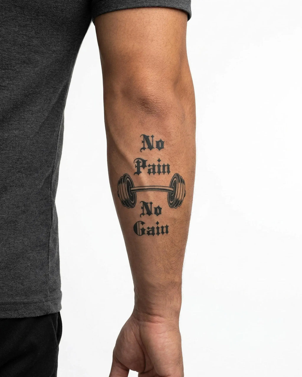 INKON No Pain No Gain semi-permanent tattoo applied on a man – 3 x 4 in (6x11cm) design, realistic ink look, lasts 10 days
