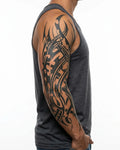 INKON Cyber Tribal semi-permanent tattoo applied on a man – 8 x 20 in (20x50cm) design, realistic ink look, lasts 10 days