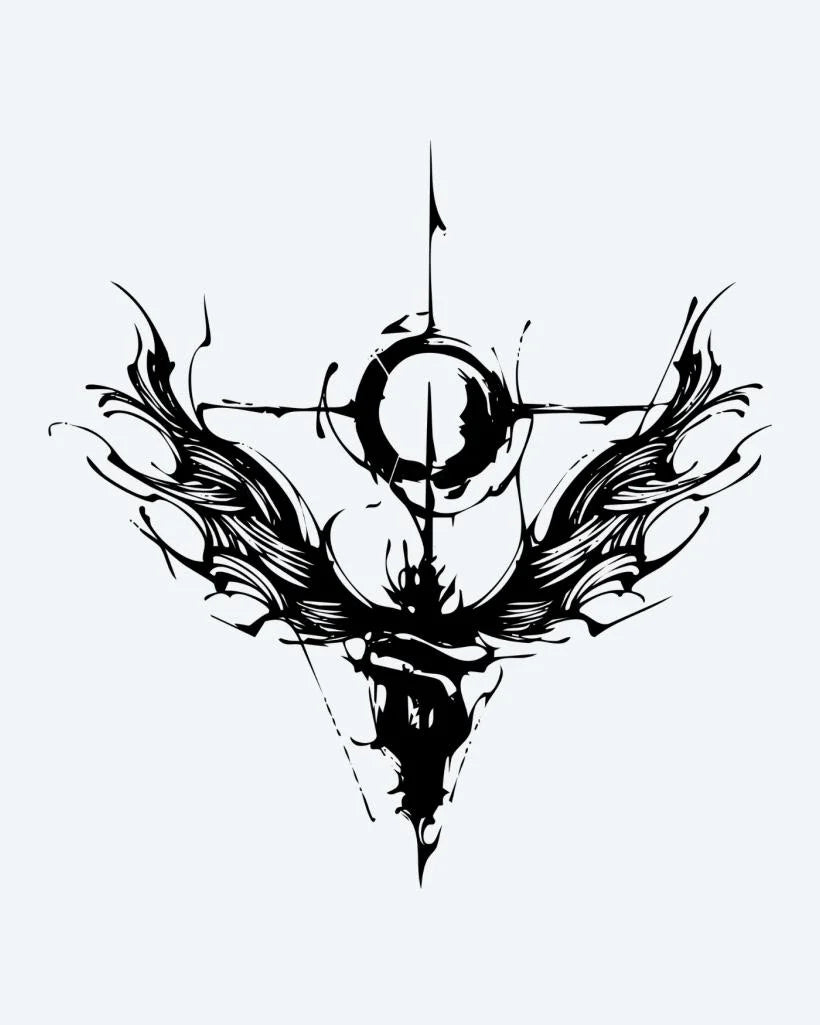 Abstract Angel Cross semi-permanent tattoo design by INKON – abstract, cross, crescent, sweeping, wings illustration, 4 x 4 in (9x9cm), available at inkon.co