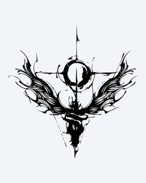 Abstract Angel Cross semi-permanent tattoo design by INKON – abstract, cross, crescent, sweeping, wings illustration, 4 x 4 in (9x9cm), available at inkon.co