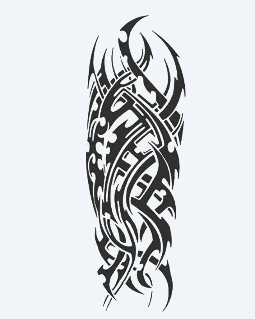 Cyber Tribal semi-permanent tattoo design by INKON – dynamic, full, sleeve, sweeping, tribal illustration, 8 x 20 in (20x50cm), available at inkon.co